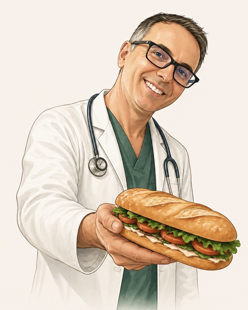 Dr. Celso López Lorido sosteniendo un bocadillo saludable — La dieta de los bocadillos
